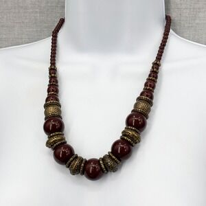 Vintage Chunky Beaded Statement Necklace Brown Resin & Gold Tone Bib Style
